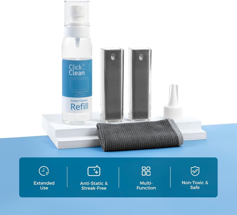CLICK CLEAN Screen Cleaner Kits - 2 All-in-One Mist Cleaner with 4 oz Refill, 1 Microfiber Cloth(7.8 x 7.8in), 1 Mini Funnel, and 1 Sprayer - for All Phones, Laptop and Tablet Screens - Image 2